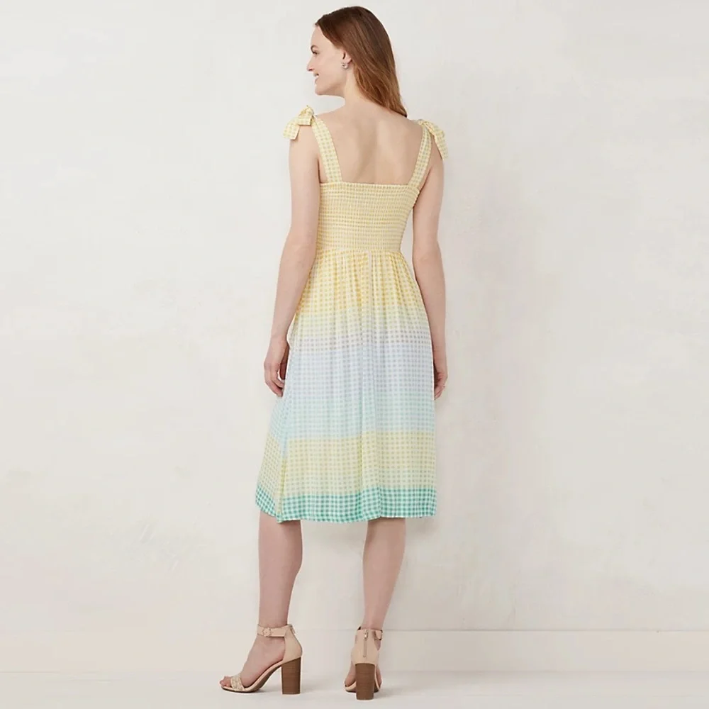 LC Lauren Conrad Smocked Dress Yellow Tie Shoulder Detail Size M - Picture 2 of 7
